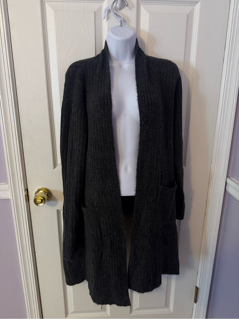 Dark Gray Open-Front Ribbed Cardigan Sweater